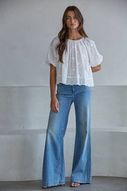 L9352 | Woven Cotton Eyelet Round Neck Short Sleeve Top : White / S By Together