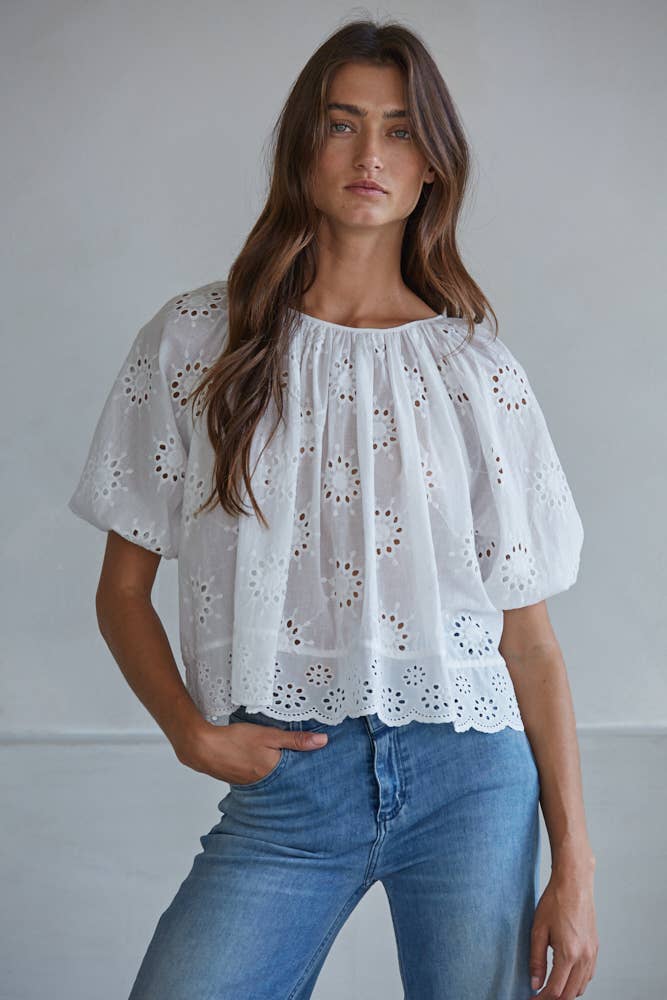 L9352 | Woven Cotton Eyelet Round Neck Short Sleeve Top : White / S By Together