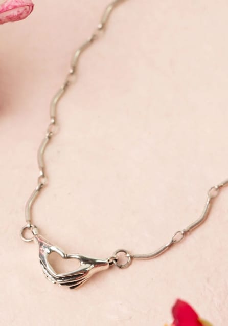 Leilani Antique Silver Heart Hands Simple Necklace 15.75" x 17.75" Anne Vaughan Designs Jewelry Necklace