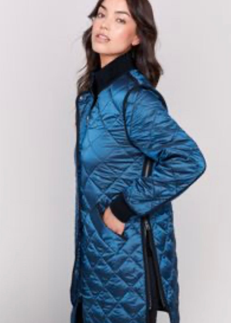 Long Quilted Iridescent Jacket in Peacock Charlie B Coats & Jackets