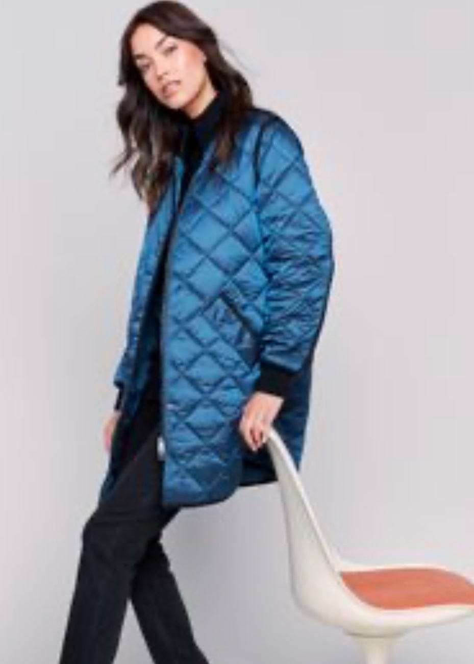 Long Quilted Iridescent Jacket in Peacock Charlie B Coats & Jackets