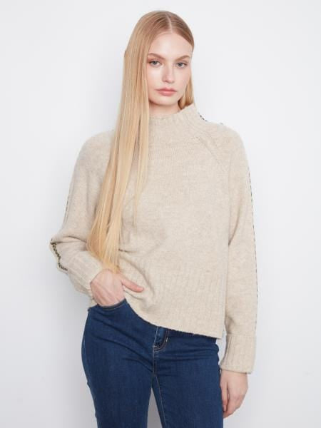 Long Raglan Sleeve Mock Neck Sweater With Stitch Detail And Cuffed Sleeves, Avoine Chiné Charlie B SWEATER