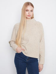 Long Raglan Sleeve Mock Neck Sweater With Stitch Detail And Cuffed Sleeves, Avoine Chiné Charlie B SWEATER