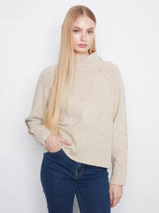 Long Raglan Sleeve Mock Neck With Stitch Detail, Heather Oat Charlie B Sweater