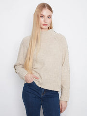 Long Raglan Sleeve Mock Neck With Stitch Detail, Heather Oat Charlie B Sweater