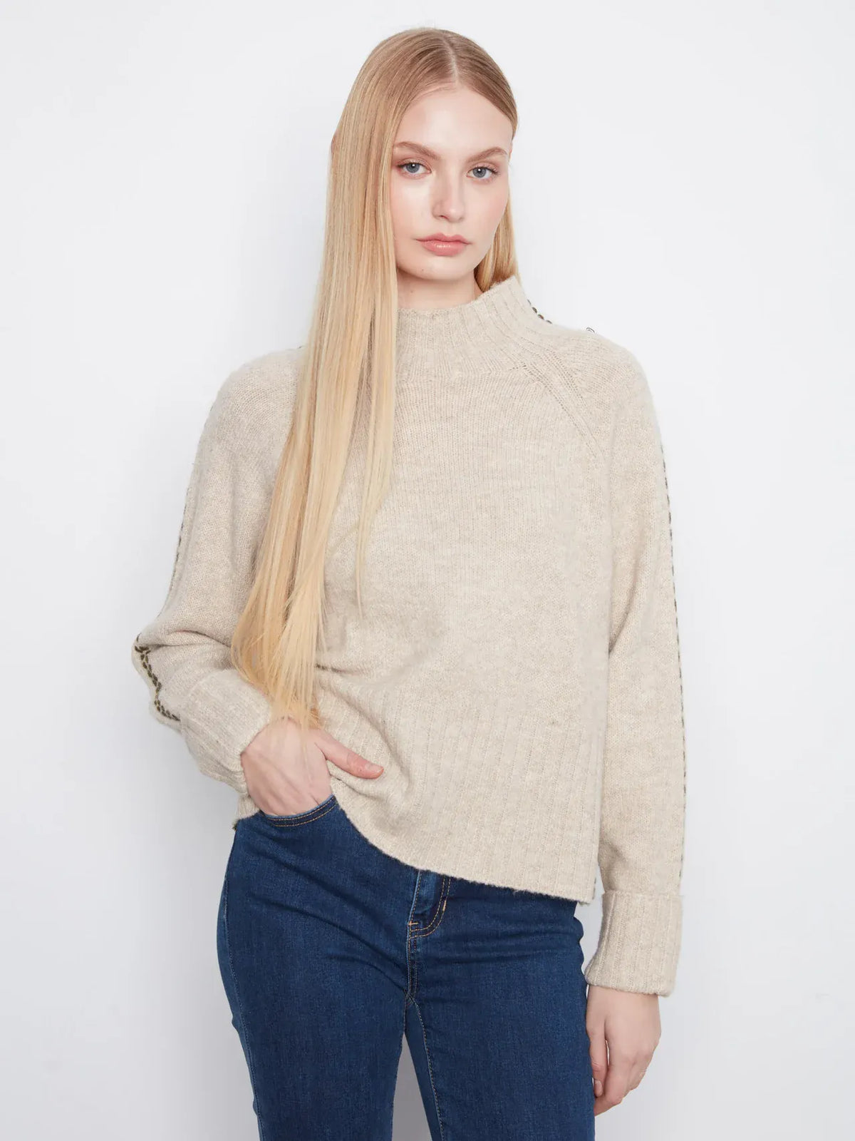 Long Raglan Sleeve Mock Neck With Stitch Detail, Heather Oat Charlie B Sweater