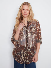 Long Sleeve Button Up Blouse With Front Tie Up Or Down, Tacheté, Speckle Charlie B Casual top