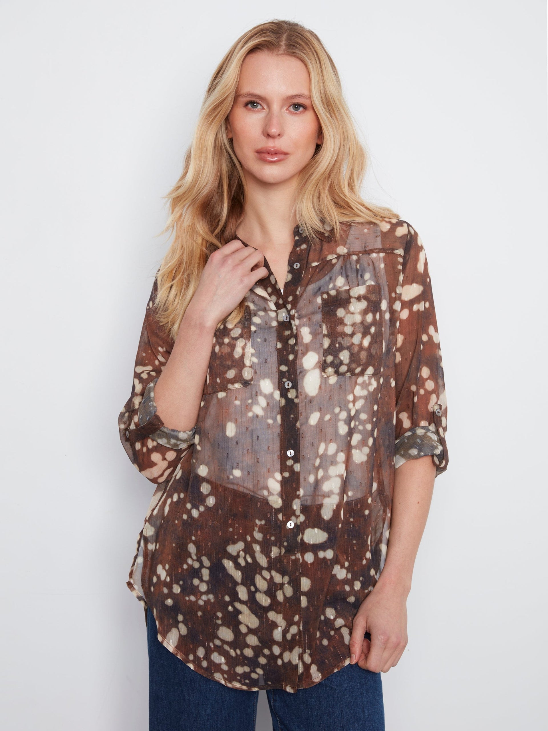 Long Sleeve Button Up Blouse With Front Tie Up Or Down, Tacheté, Speckle Charlie B Casual top