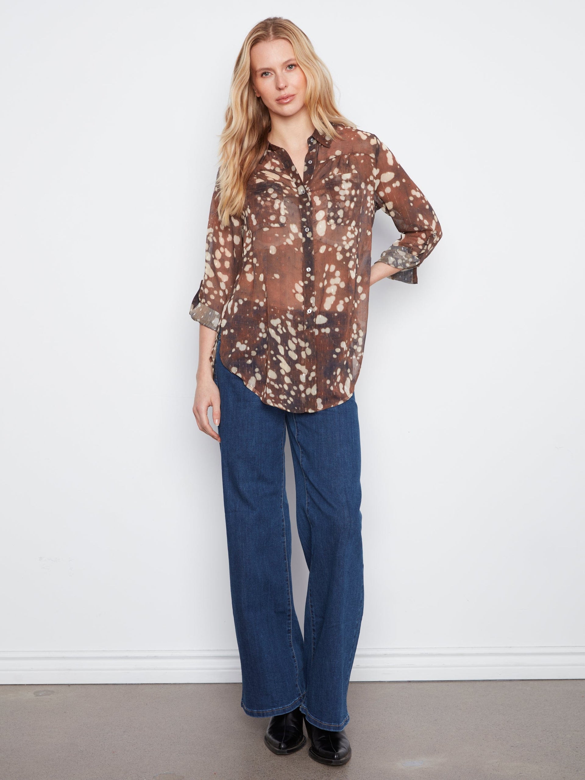Long Sleeve Button Up Blouse With Front Tie Up Or Down, Tacheté, Speckle Charlie B Casual top