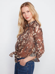 Long Sleeve Button Up Blouse With Front Tie Up Or Down, Tacheté, Speckle Charlie B Casual top