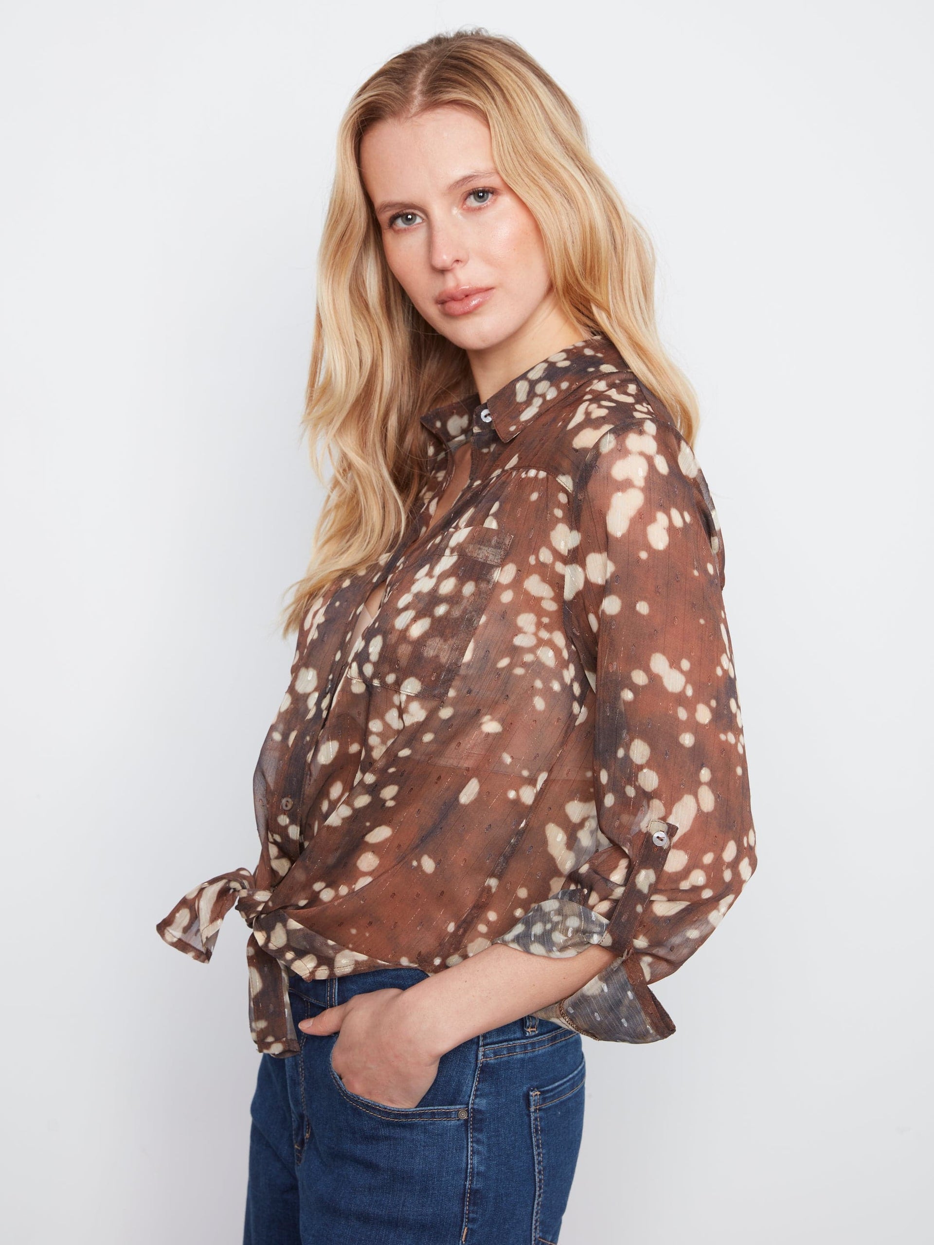 Long Sleeve Button Up Blouse With Front Tie Up Or Down, Tacheté, Speckle Charlie B Casual top
