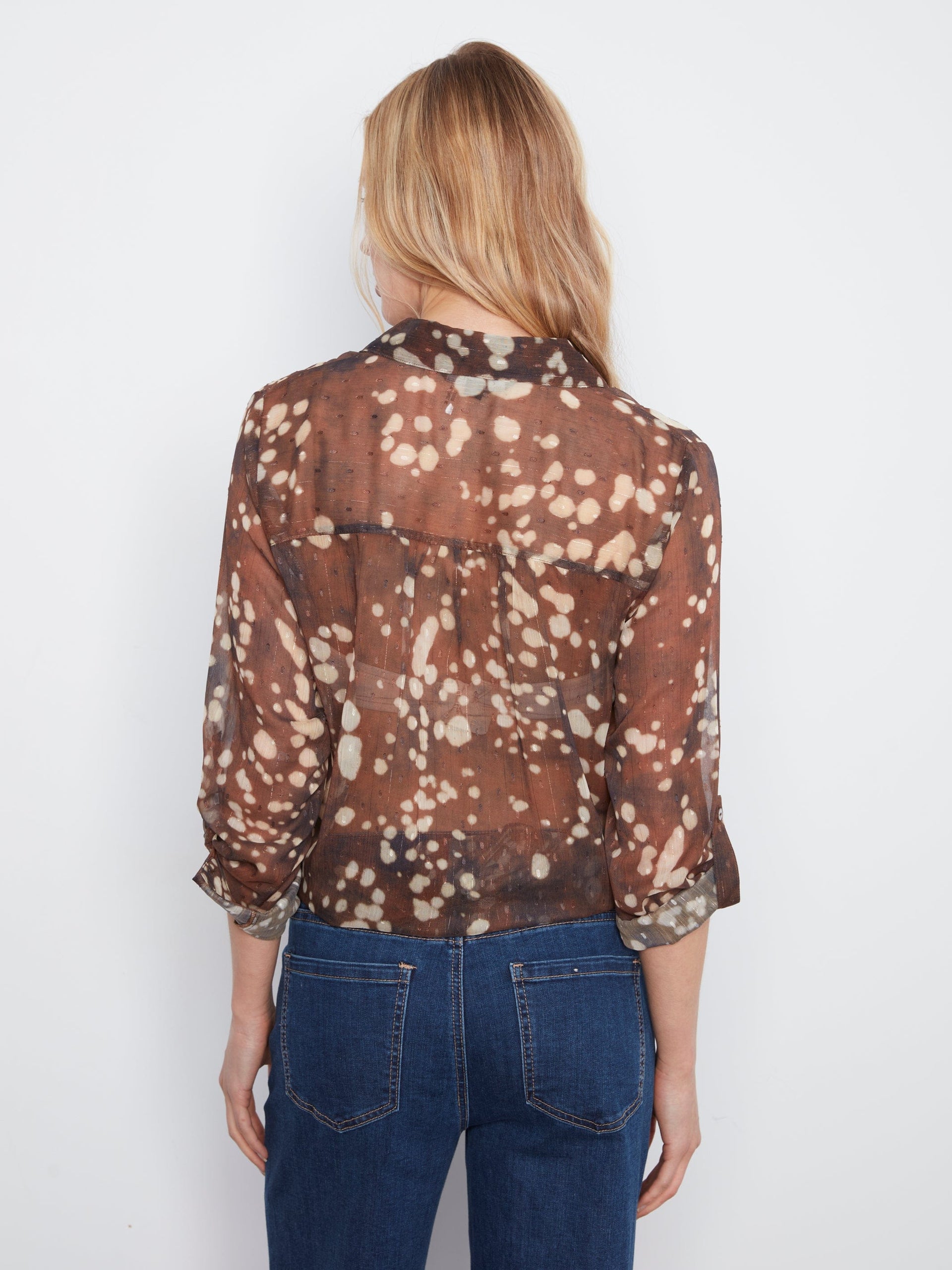 Long Sleeve Button Up Blouse With Front Tie Up Or Down, Tacheté, Speckle Charlie B Casual top