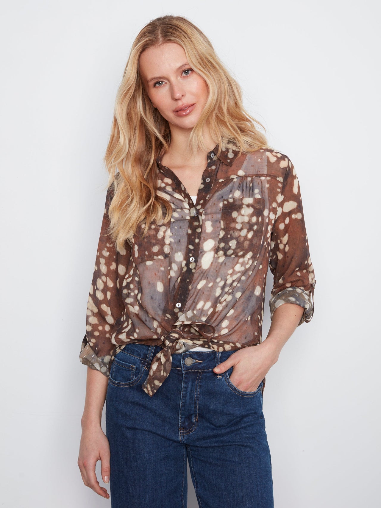 Long Sleeve Button Up Blouse With Front Tie Up Or Down, Tacheté, Speckle Charlie B Casual top S