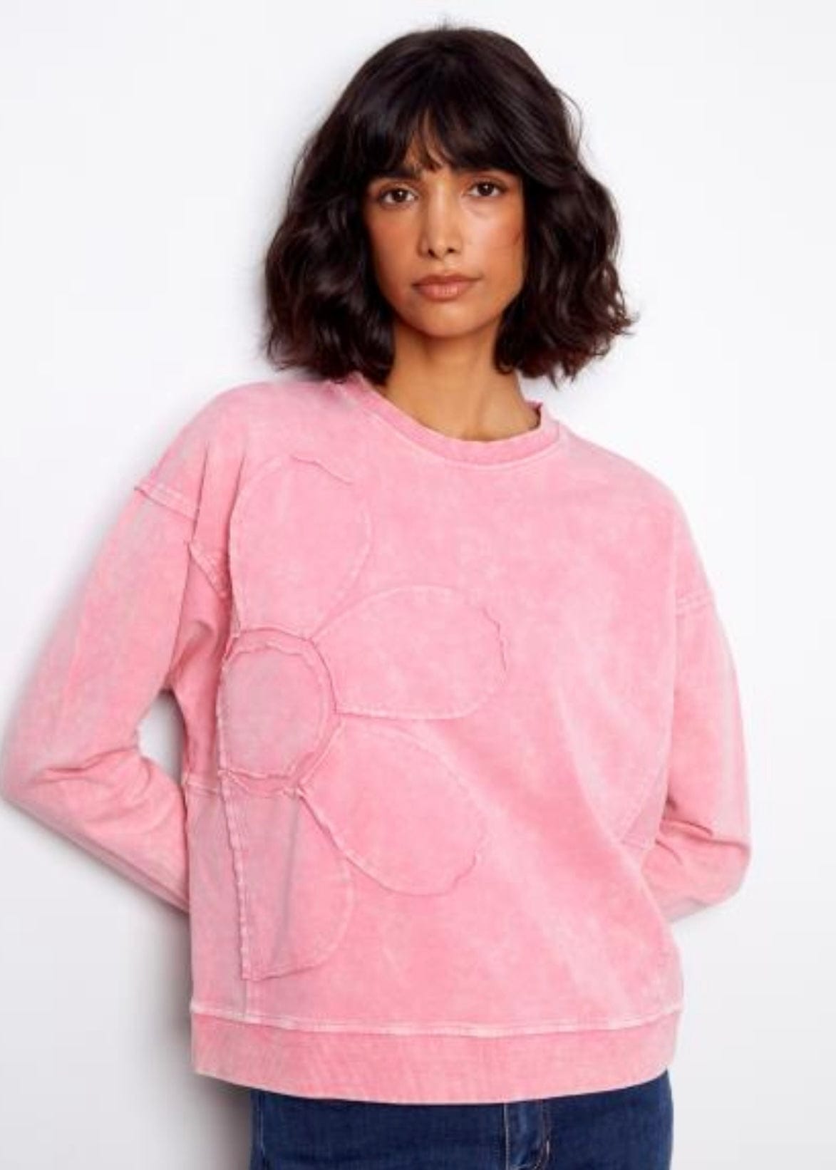 Long Sleeve Candy Pink Top with Flower Applique Charlie B Casual Top
