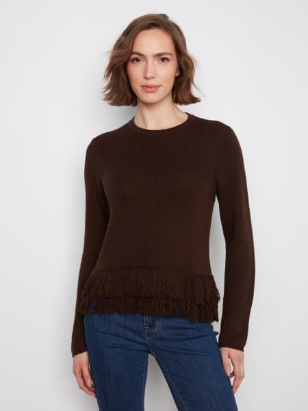 Long Sleeve Crew Neck Sweater With Self Fringes At Bottom Hem, Café Coffee Charlie B Sweater