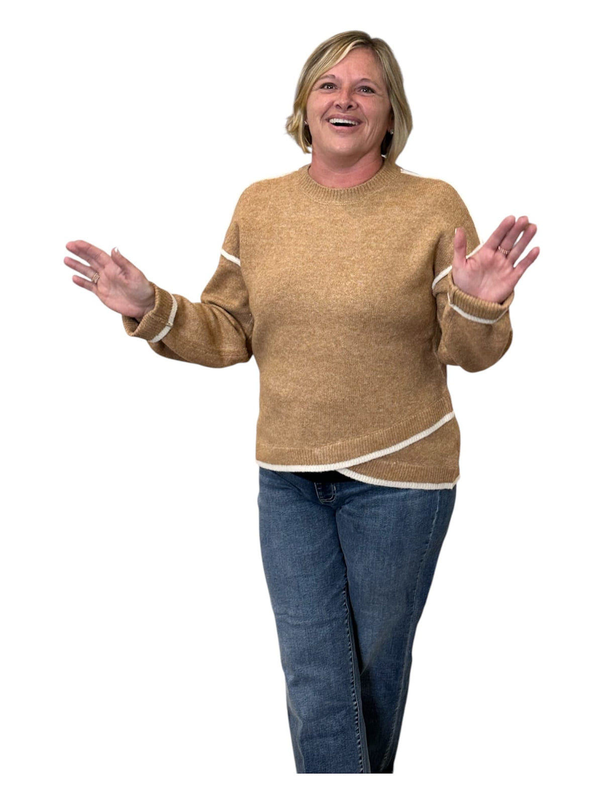 Long Sleeve Crewneck Sweater, Camel with Cream Trim Liverpool Sweater