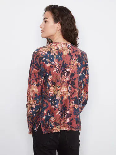 Long Sleeve Drop Shoulder V-Neck Reversible Printed Sweater, Passion Charlie B Sweater