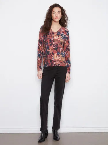 Long Sleeve Drop Shoulder V-Neck Reversible Printed Sweater, Passion Charlie B Sweater