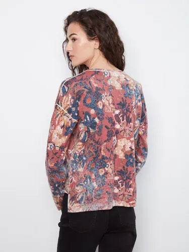 Long Sleeve Drop Shoulder V-Neck Reversible Printed Sweater, Passion Charlie B Sweater