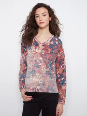 Long Sleeve Drop Shoulder V-Neck Reversible Printed Sweater, Passion Charlie B Sweater