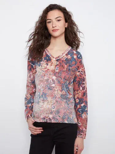 Long Sleeve Drop Shoulder V-Neck Reversible Printed Sweater, Passion Charlie B Sweater