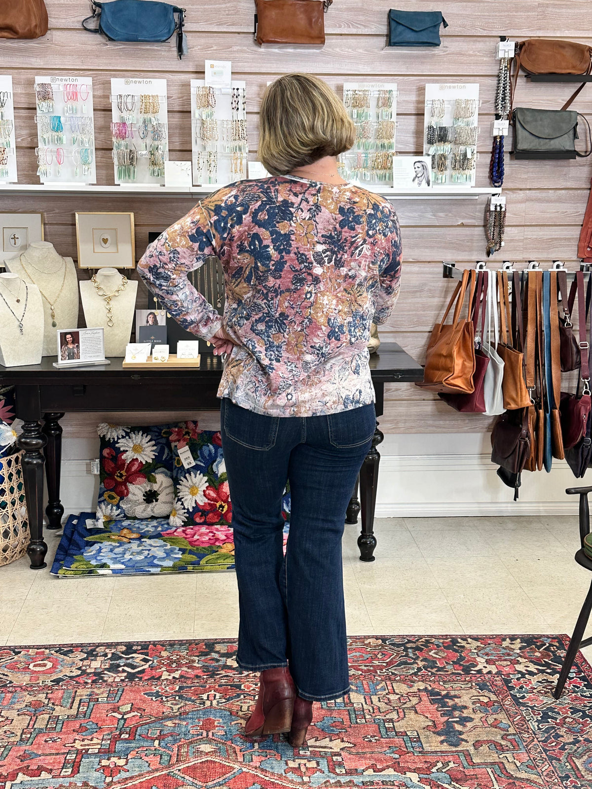 Long Sleeve Drop Shoulder V-Neck Reversible Printed Sweater, Passion Charlie B Sweater
