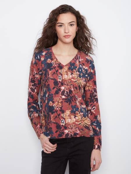 Long Sleeve Drop Shoulder V-Neck Reversible Printed Sweater, Passion Charlie B Sweater S