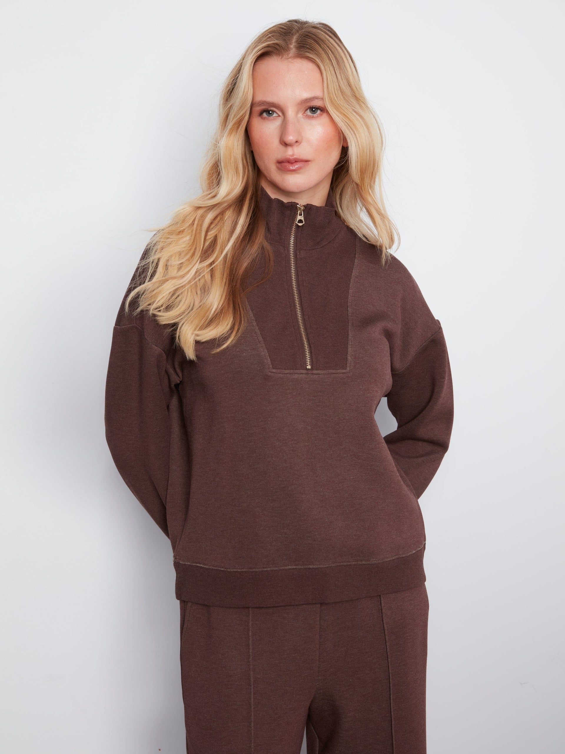Long Sleeve Half-Zip High Collar Sweatshirt, Epsresso Chiné H-Espresso Charlie B Sweatshirt