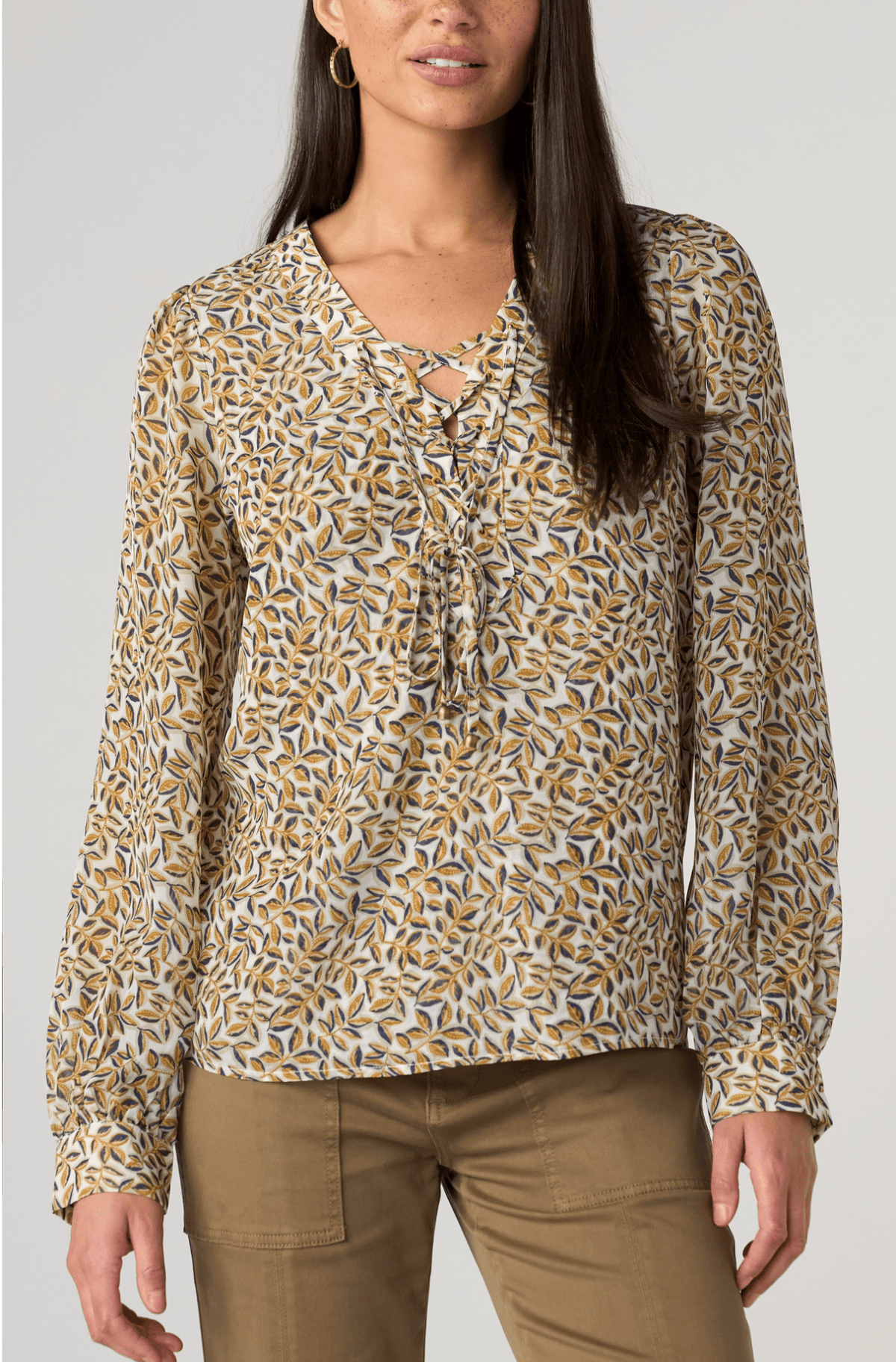 Long Sleeve Lace Up Front Woven Blouse, Gold Blue Multi Liverpool Top
