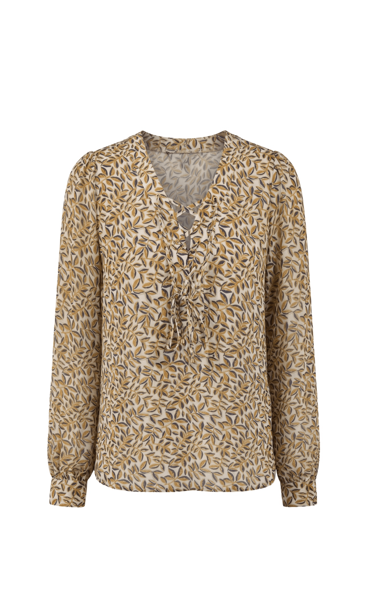 Long Sleeve Lace Up Front Woven Blouse, Gold Blue Multi Liverpool Top