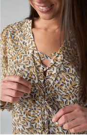Long Sleeve Lace Up Front Woven Blouse, Gold Blue Multi Liverpool Top