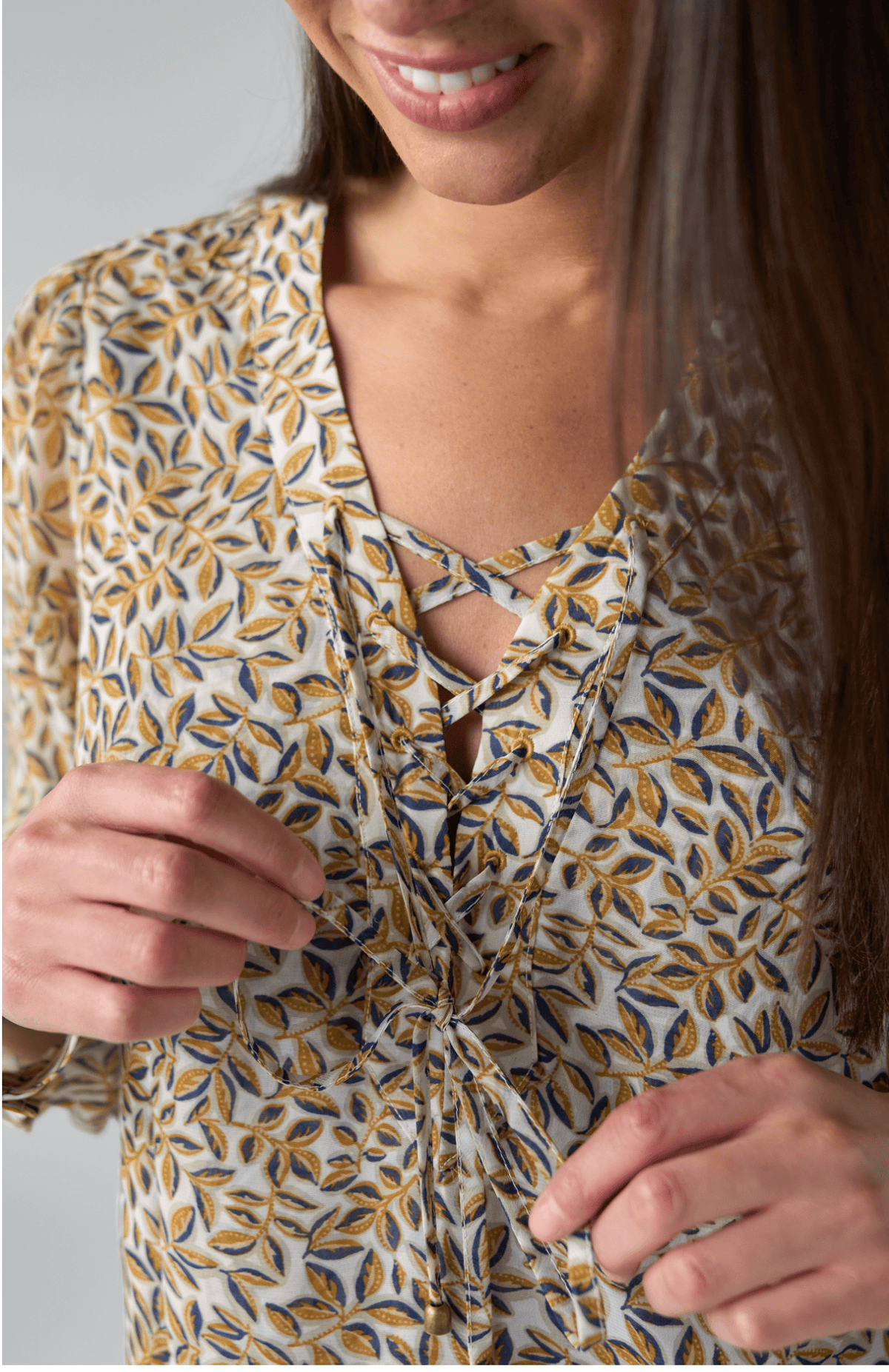 Long Sleeve Lace Up Front Woven Blouse, Gold Blue Multi Liverpool Top