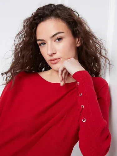 Long Sleeve Rounded Hem Boat Neck Sweater With Front Pockets And Sleeve Lacing Detail, Equestrian Charlie B Sweater