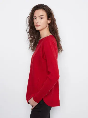 Long Sleeve Rounded Hem Boat Neck Sweater With Front Pockets And Sleeve Lacing Detail, Equestrian Charlie B Sweater