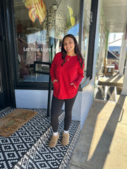 Long Sleeve Rounded Hem Boat Neck Sweater With Front Pockets And Sleeve Lacing Detail, Equestrian Charlie B Sweater