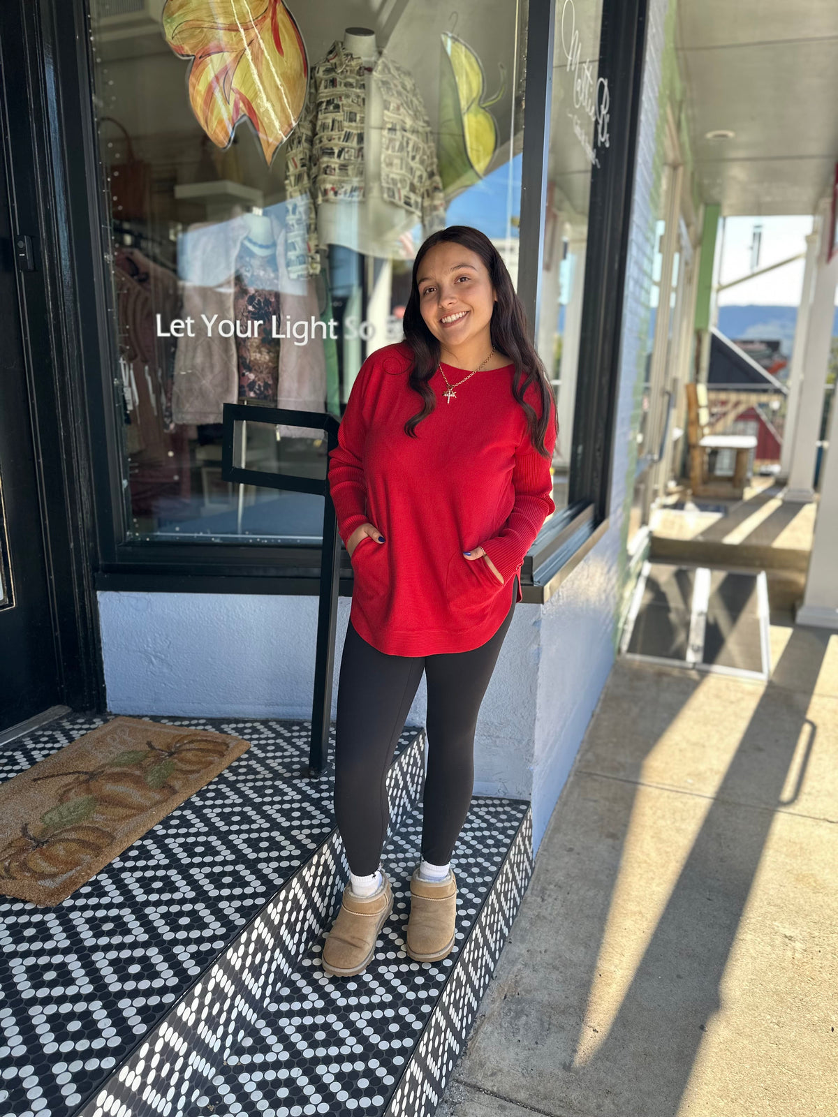 Long Sleeve Rounded Hem Boat Neck Sweater With Front Pockets And Sleeve Lacing Detail, Equestrian Charlie B Sweater