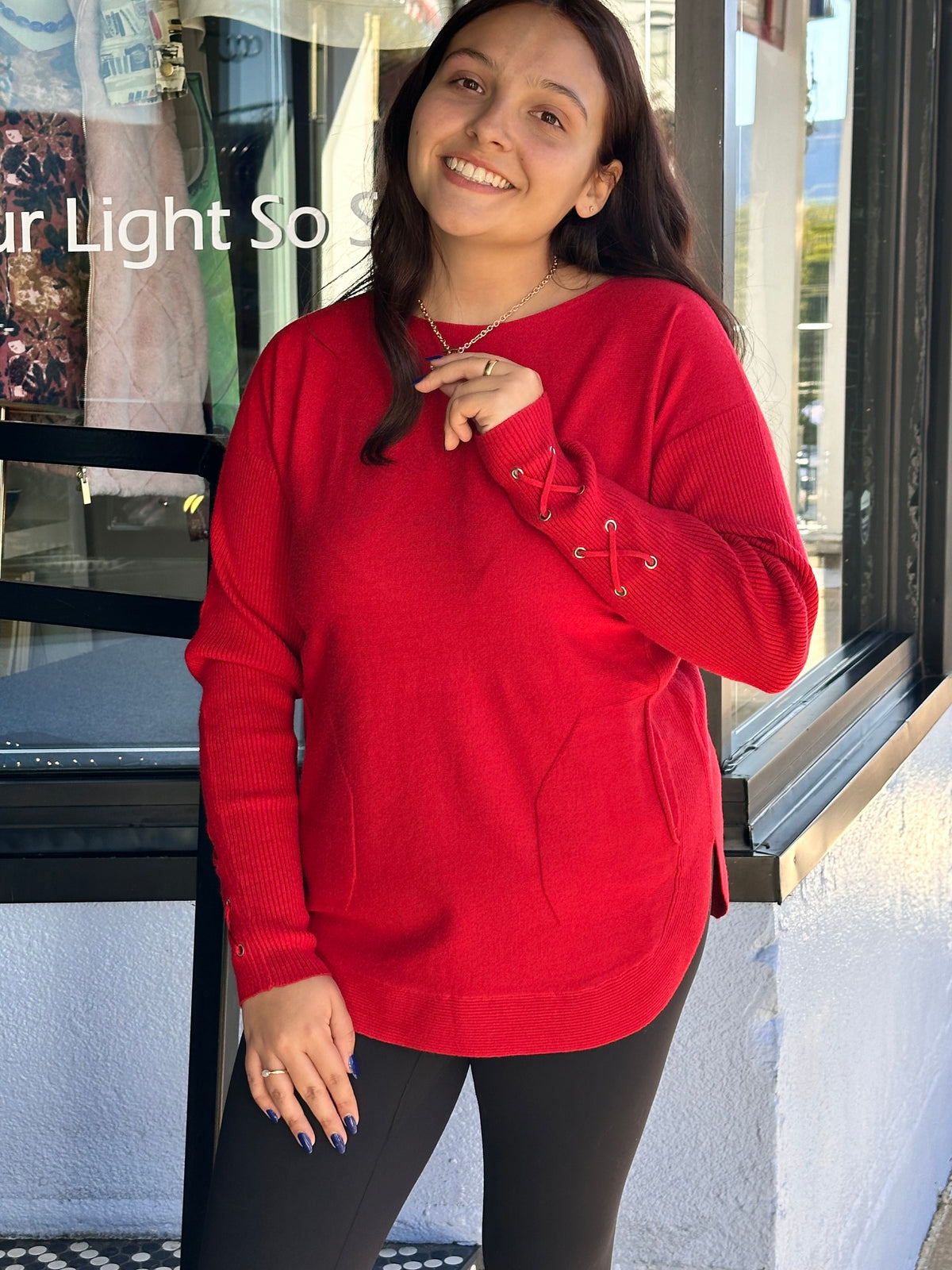 Long Sleeve Rounded Hem Boat Neck Sweater With Front Pockets And Sleeve Lacing Detail, Equestrian Charlie B Sweater