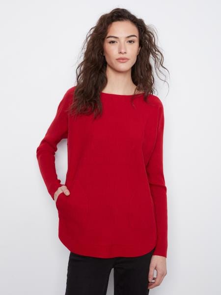 Long Sleeve Rounded Hem Boat Neck Sweater With Front Pockets And Sleeve Lacing Detail, Equestrian Charlie B Sweater S