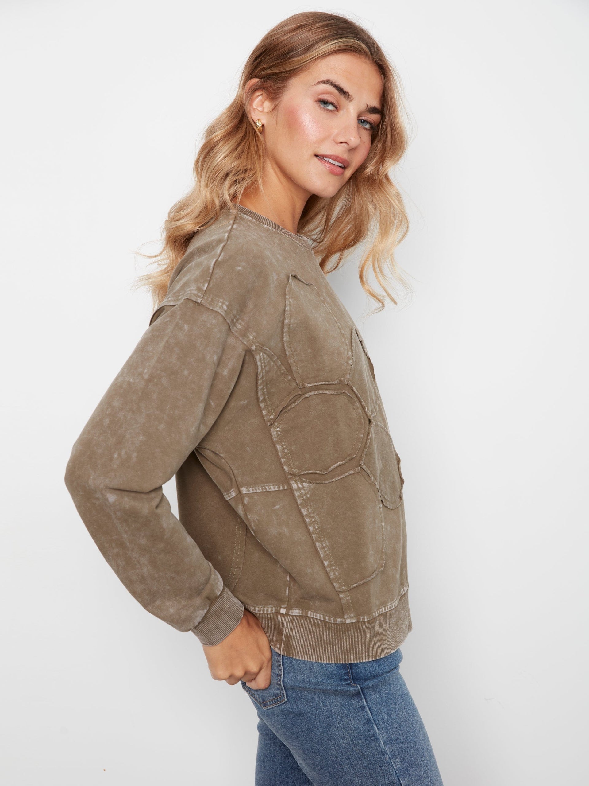 Long Sleeve Top With Flower Applique, Mousse, Moss Charlie B Top