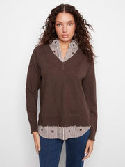 Long Sleeve V-Neck Fooler Sweater With Embroidered Striped Poplin Collar and Bottom Hem Pc, Café Chiné Heather Coffee Charlie B Sweater