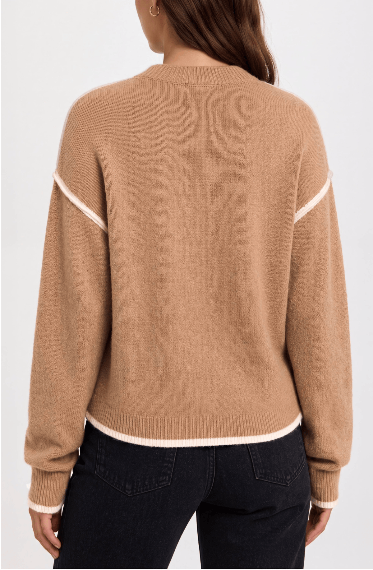 Long Slv Crewneck Sweater W Cream Tulip Hem, Htr Camel W Crm Liverpool Sweater