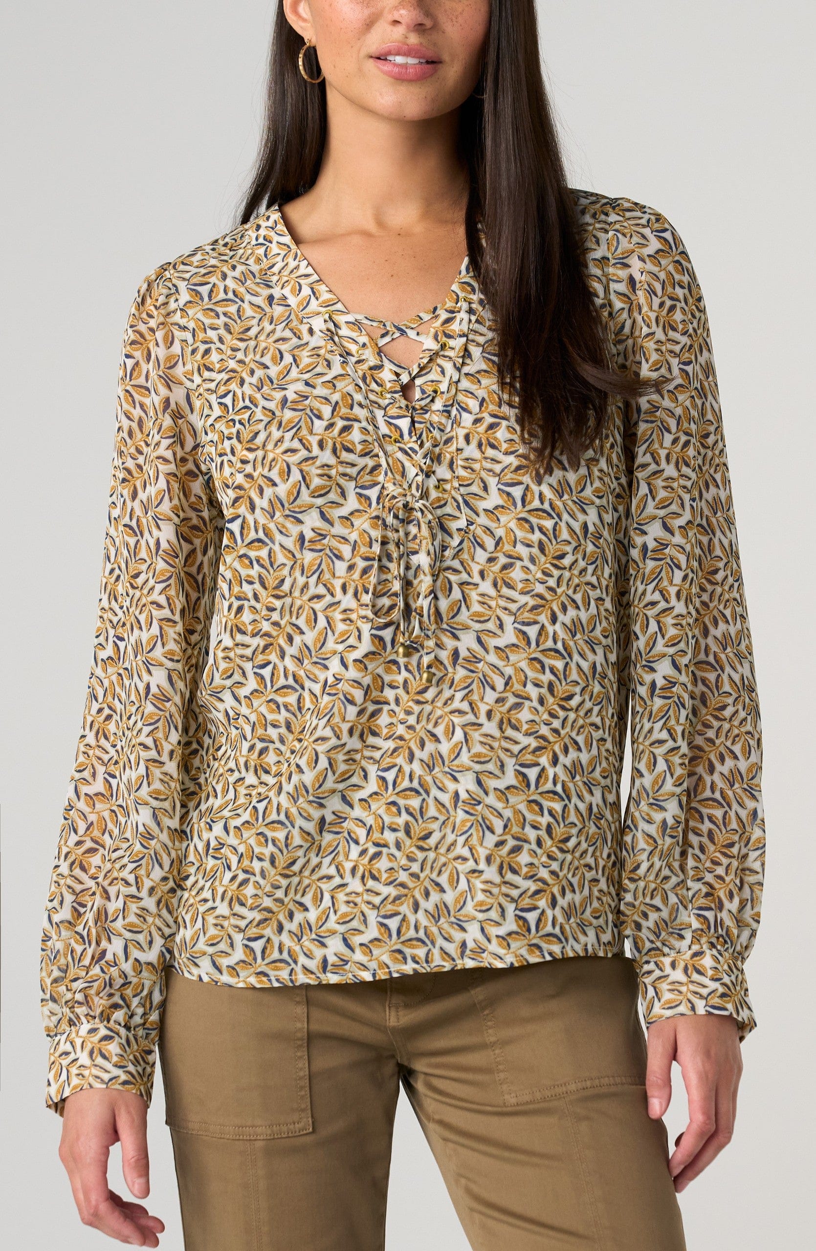 Long Slv Lace Up Front Woven Blouse, Gold Blue Multi Liverpool Blouse S