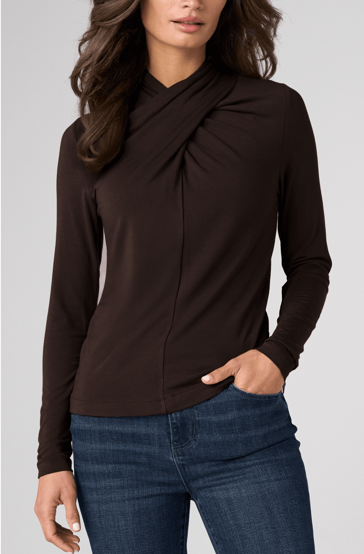 Long Slv Wrap Neck Knit Top, Java Liverpool Top
