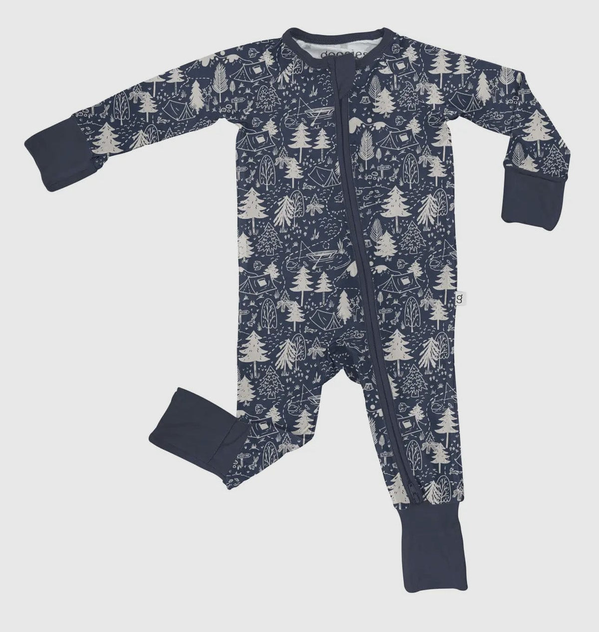 Long-sleeve zip pajamas in navy with an adventure-themed pattern, featuring convertible feet and mitts.
