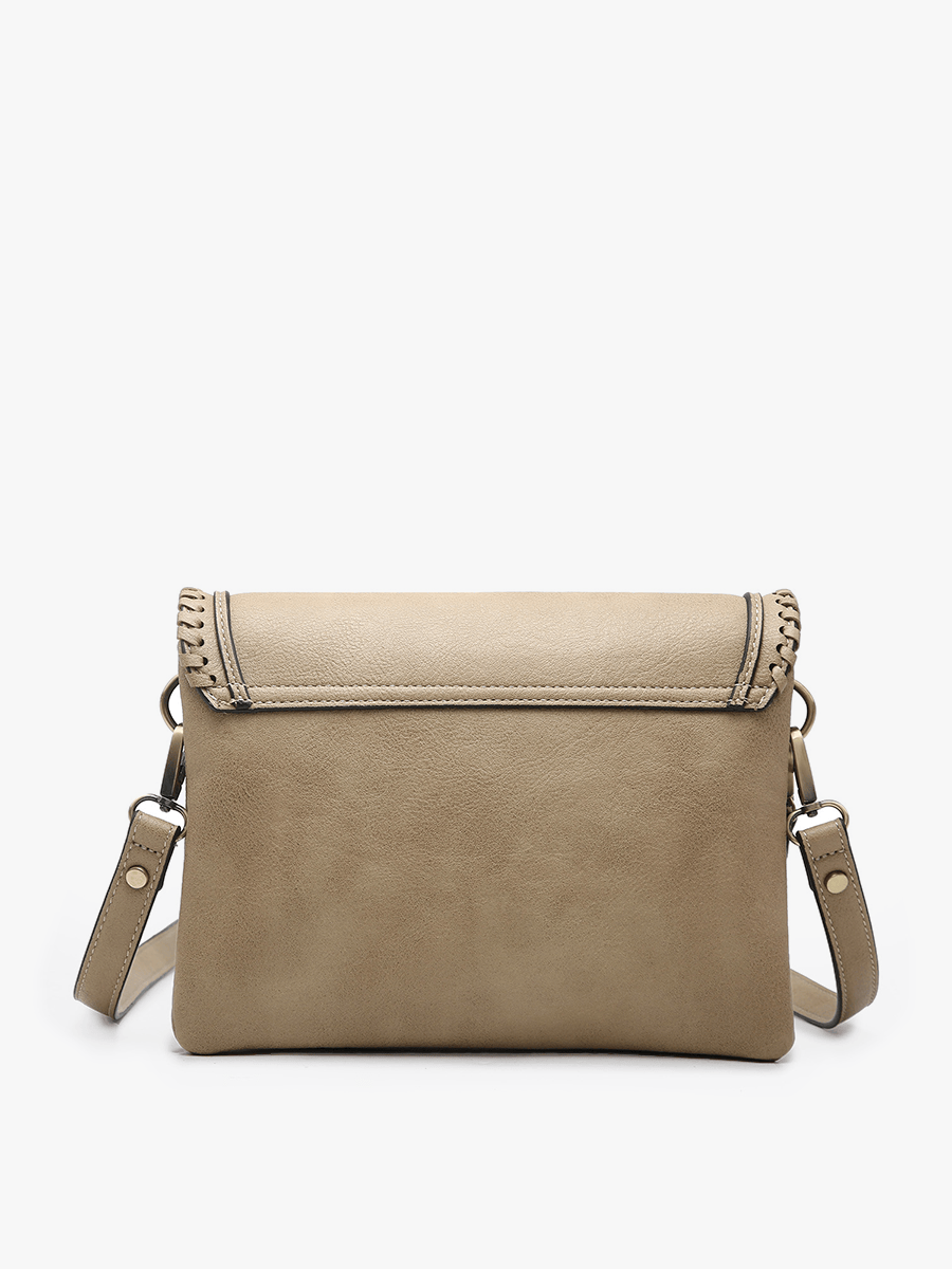 M1802A Sloane Flapover Crossbody w/ Whipstitch and Tassel: Greige Jen & Co.