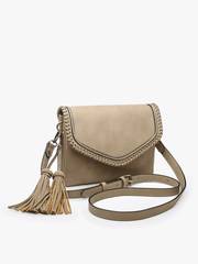 M1802A Sloane Flapover Crossbody w/ Whipstitch and Tassel: Greige Jen & Co.