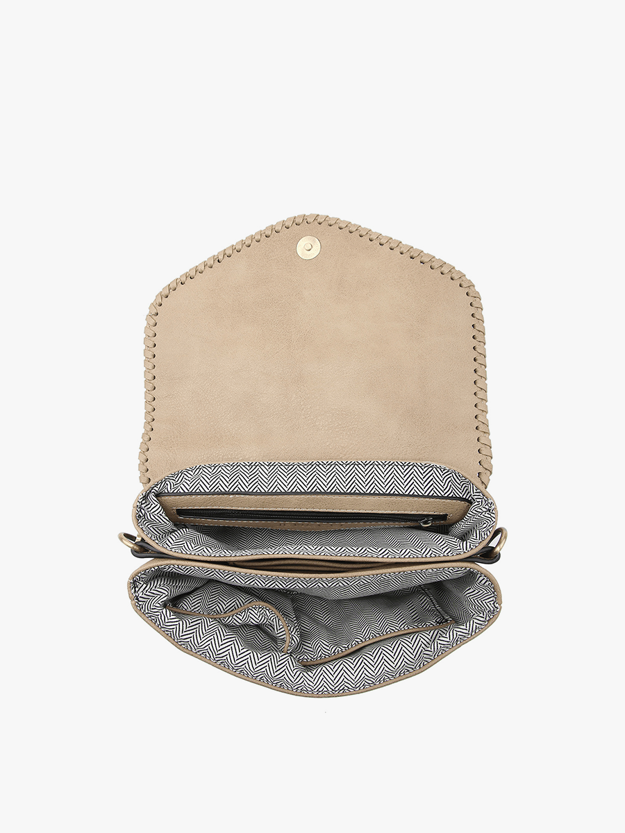 M1802A Sloane Flapover Crossbody w/ Whipstitch and Tassel: Greige Jen & Co.