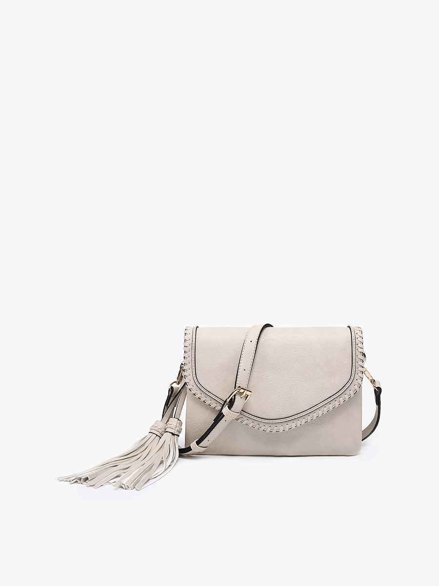 M1802A Sloane Flapover Crossbody w/ Whipstitch and Tassel: Greige Jen & Co.