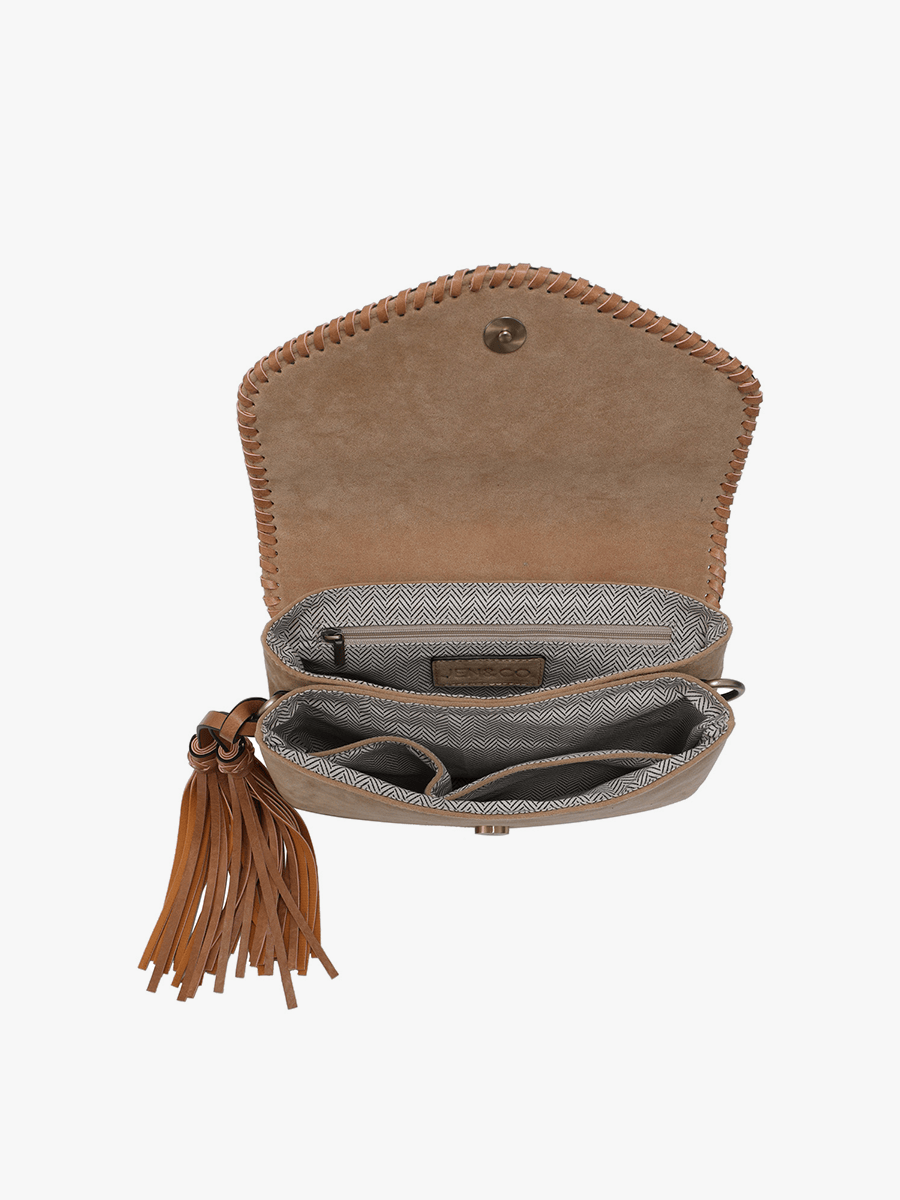 M1802SDE Sloane Suede Flapover Whipstitch Crossbody: Dark Ginger Jen & Co.
