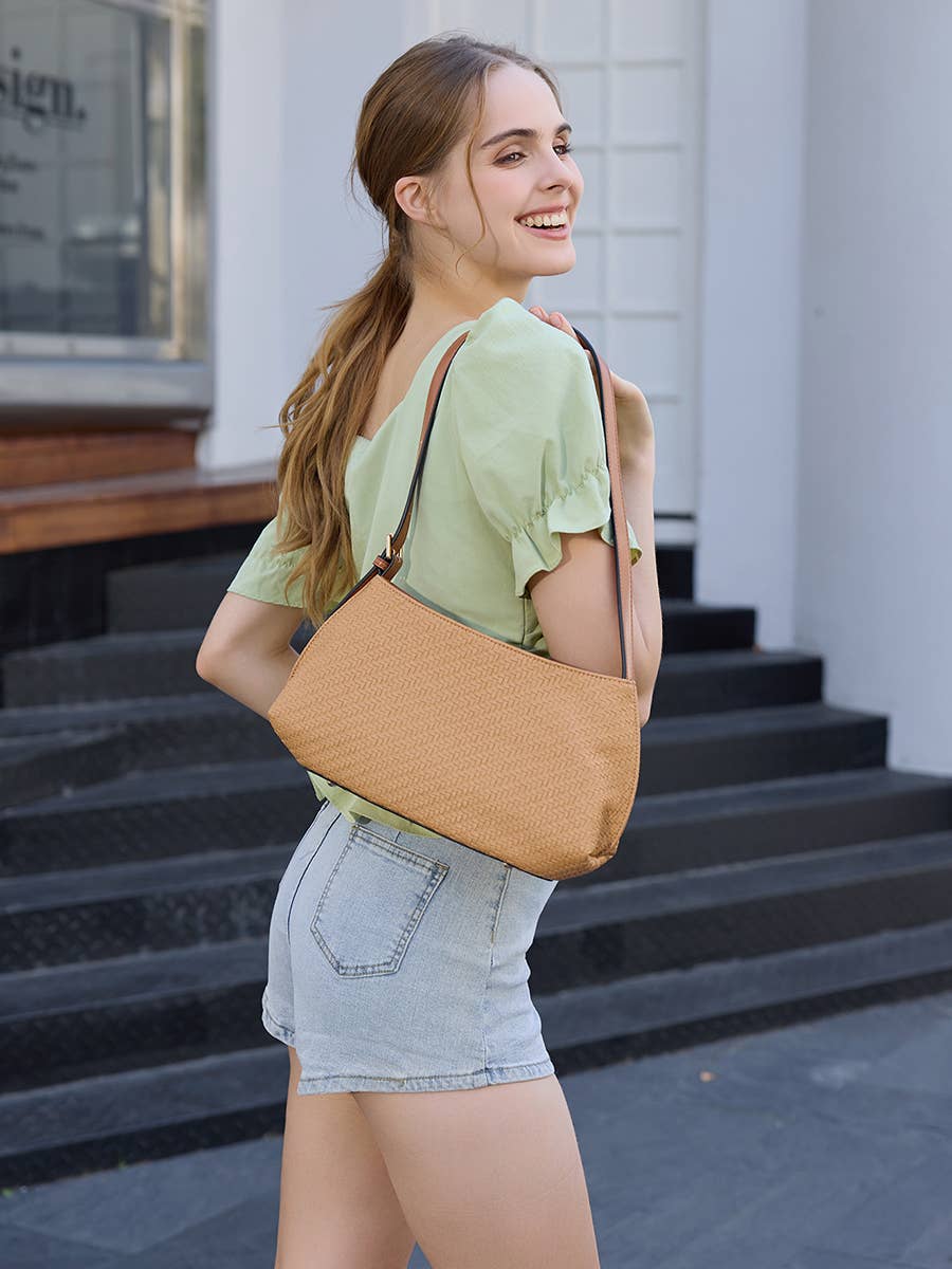 M2814 Elsie Faux Woven Shoulder Bag w/ Inner Bag: Khaki Jen & Co.